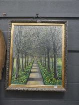 Oil on canvas, avenue with daffodils