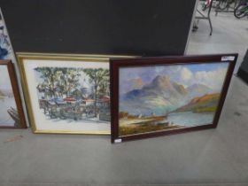 Print of a market square, plus an oil on canvas, Italian lake with mountains