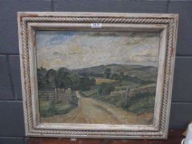 Kathleen Tyson (1898-1982), 'In the Wolds', inscribed verso, oil on canvas, 39 x 49.5 cm Framed