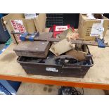 Box of assorted tools inc. small clamps, Vernier calipers, etc.