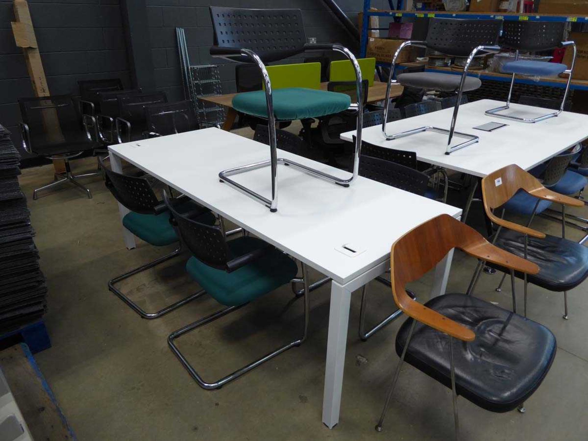 White rectangular meeting table complete with 5 green cloth chrome slide frame base Vitra Visavis