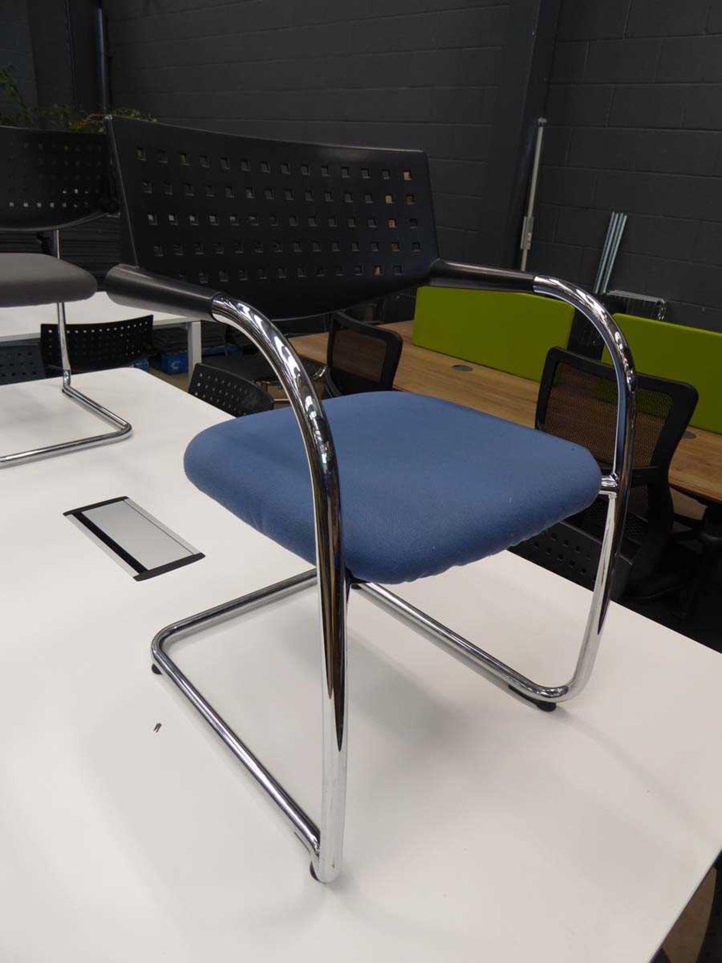 Large white rectangular boardroom table with 8 blue cloth chrome framed sliding Vitra Visavis - Image 2 of 2