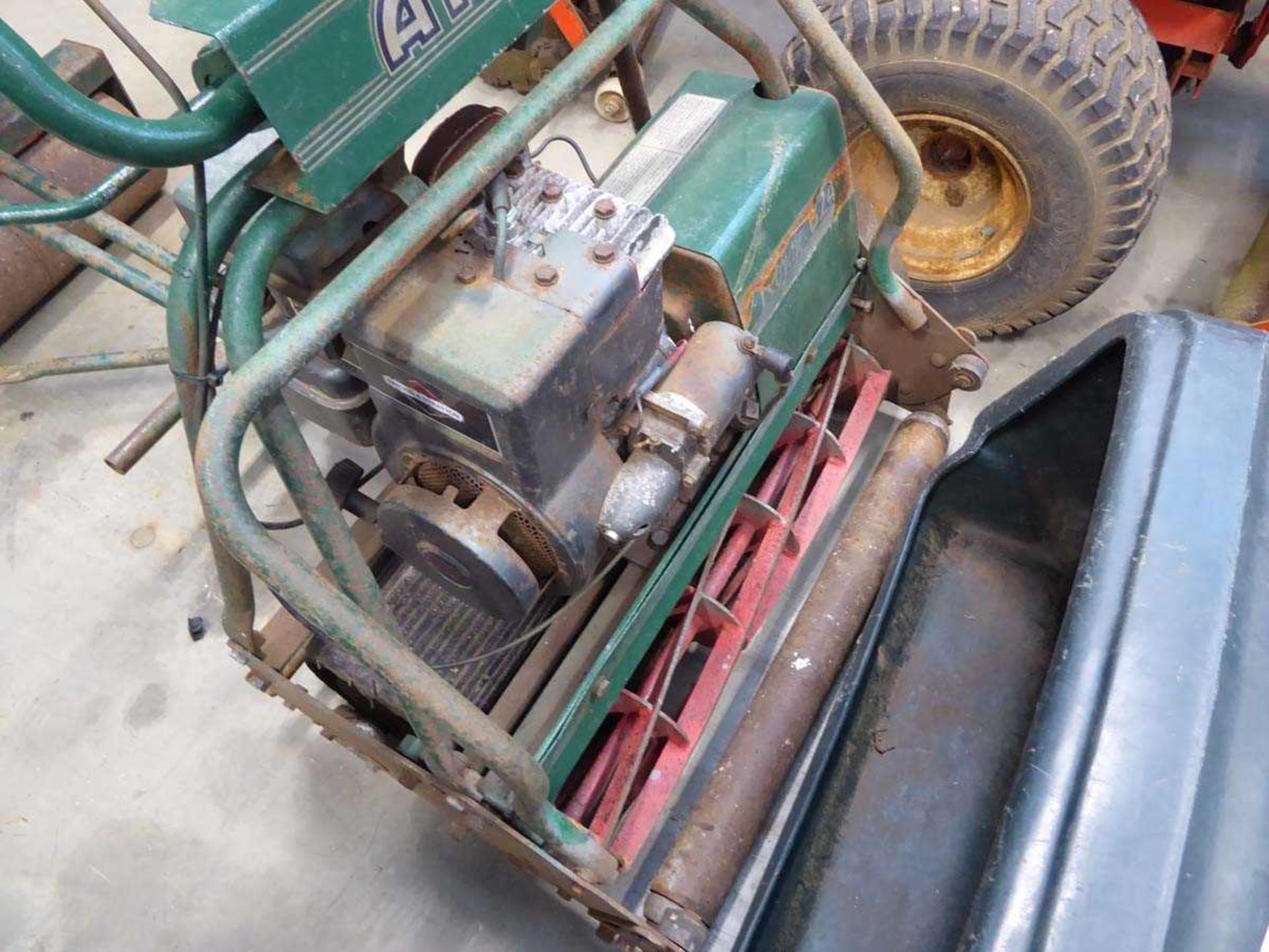 Atco Royal B240 petrol powered green keepers style ride on mower with seat and rear roller and grass - Image 5 of 5