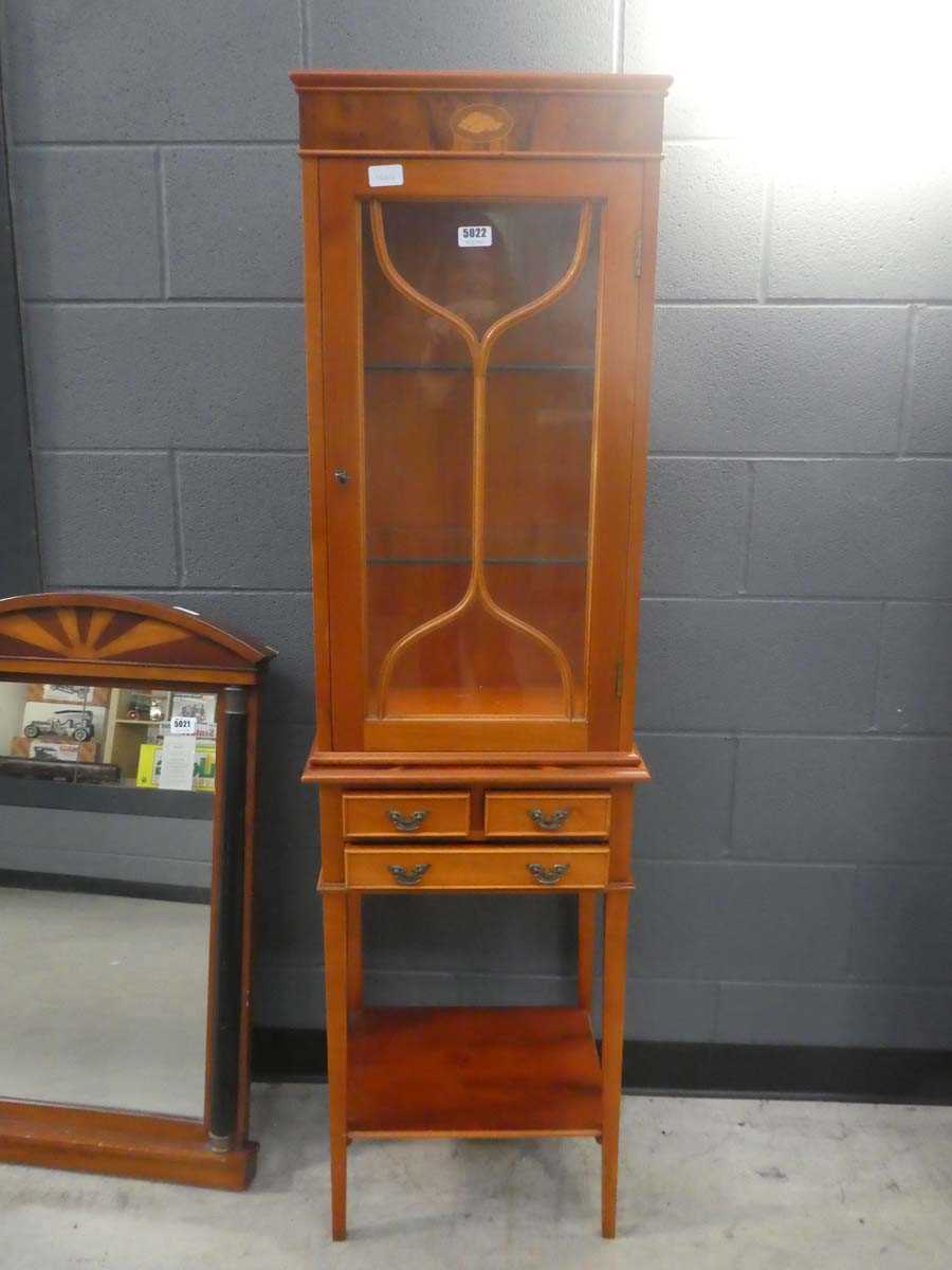 Narrow reproduction yew display cabinet with drawers and shelf under