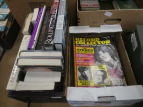 Two boxes containing record collector magazines plus biographies and musical reference books