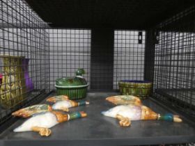 Cage containing three Beswick flying ducks, egg basket and bowl