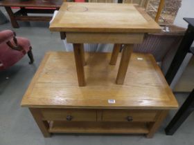 Oak coffee table with single drawer and shelf plus matching lamp table
