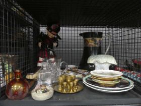 Cage containing Scottish doll, brushes, miniature brass tray with goblets, ornamental figures,