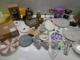 +VAT Box containing wine glasses, blue and white and other crockery plus ornaments
