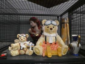 Cage containing teddy bear figures, bust, plus vases
