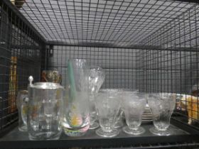 Cage containing glassware to include flagons, wine and sherry glasses, plus small quantity of