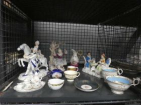 Cage containing Royal Milton and other crockery, plus miniature tea service and ornamental figures