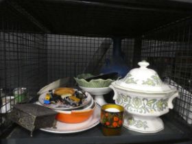 Cage containing costume jewellery, toy cars, lidded tureen, and ewer