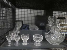 Cage containing Stuart Crystal decanters, plus sherry glasses and basket