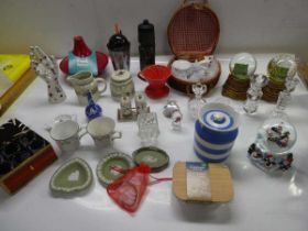 +VAT Box containing jasper ware, globes, wicker basket, candlesticks and household goods