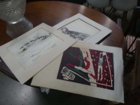 Quantity of loose sketches and prints inc. boats on beach, footballers, country scenes, and cats