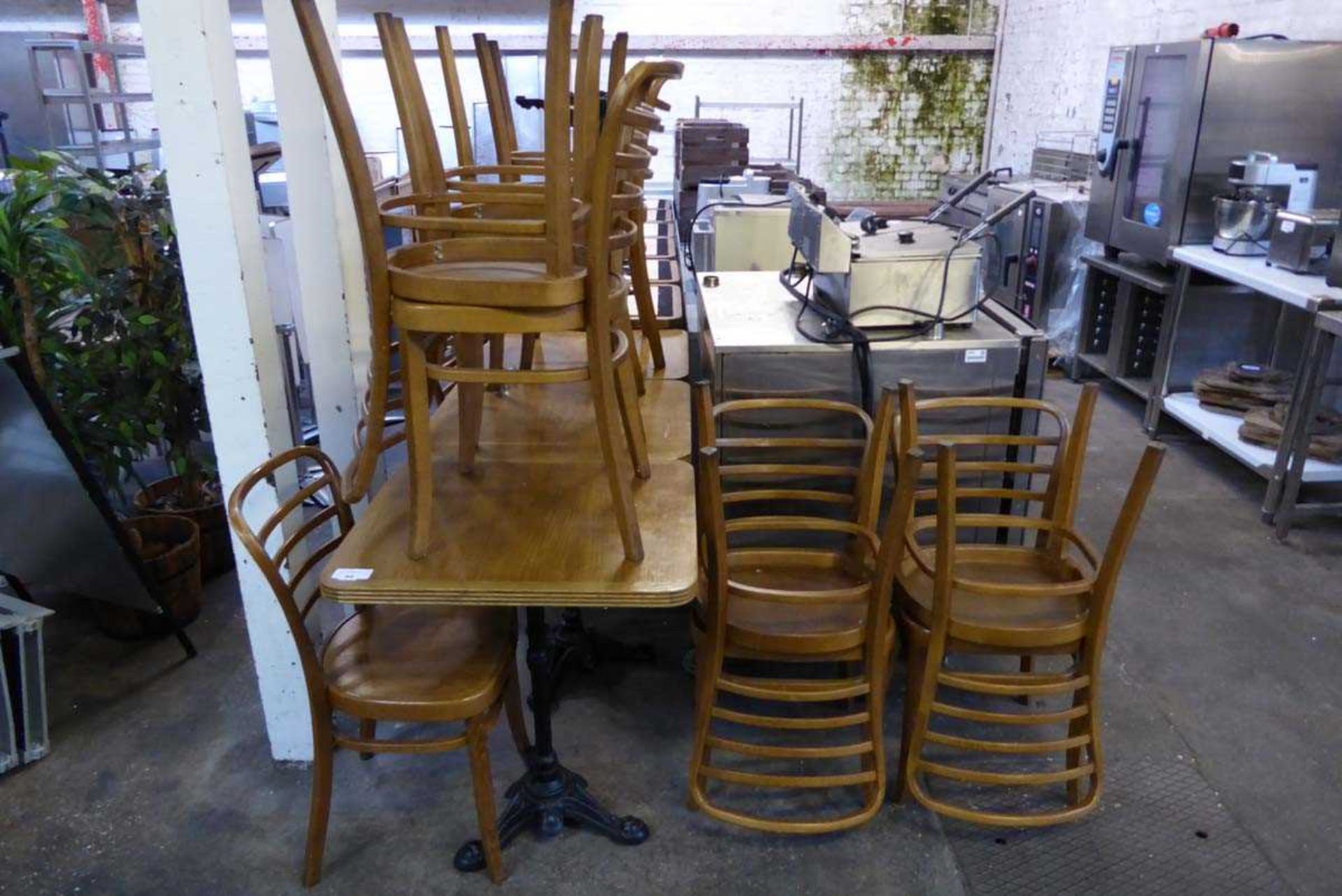 +VAT Bistro / café dining furniture, to include 15 rectangular topped and metal pedestal tables,