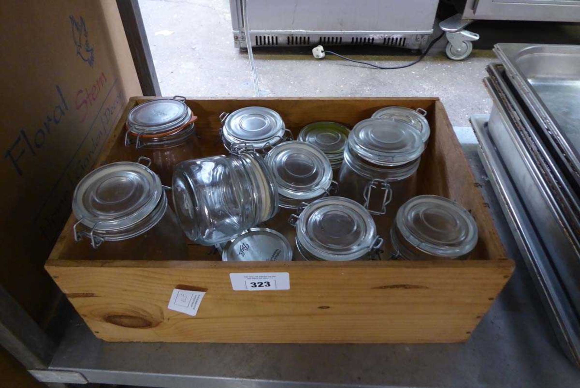 +VAT Wooden crate containing assorted size Mason jars