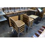 +VAT 6 outdoor fold top café tables, plus 8 matching metal framed and plastic rattan chairs