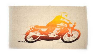 A silkscreen print on calico wall hanging by Judy Evans depicting a motorcyclist signed Lloyd