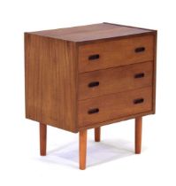 A 1960's teak chest of three drawers with moulded handles, on later legs, w. 59 cm