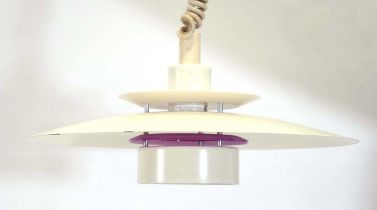 A Danish 'Model Young' white enamelled ceiling light with a pink inner shade Normal wear. Working