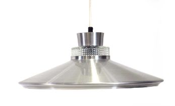A Danish aluminium ceiling light with a central moulded glass pillar Working order unknown. Some
