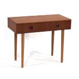 A 1960's Danish teak single drawer side/console table with two drawers and moulded handles, on later