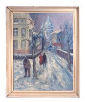 C. Blume (Scandinavian), A winter's street scene, signed, oil on canvas, image 65 x 50 cm