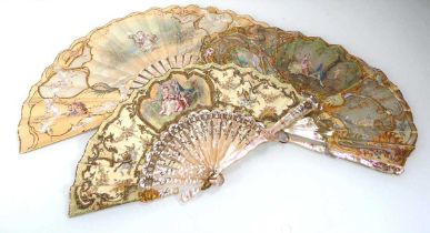 A group of three 20th century hand fans with mother-of-pearl 'sticks' (3) Damages particularly to