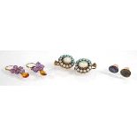 A pair of 10ct yellow gold ear pendants set facet cut amethyst and citrine, l. 3.3 cm and two
