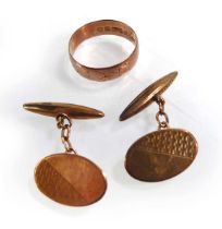 A 9ct rose gold wedding band, ring size R and a pair of 9ct oval cufflinks, overall 6.3 gms (3)