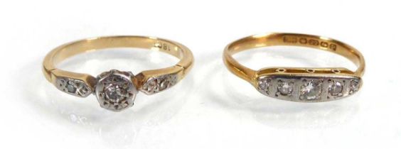 A 22ct yellow gold ring set five small graduated diamonds, ring size L 1/2, 1.8 gms and an 18ct ring