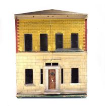An early 20th century box back two storey Georgian style dolls house and accessories, h. 68 cm