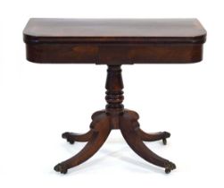 A Regency rosewood and crossbanded card table, the folding surface on a turned column and four