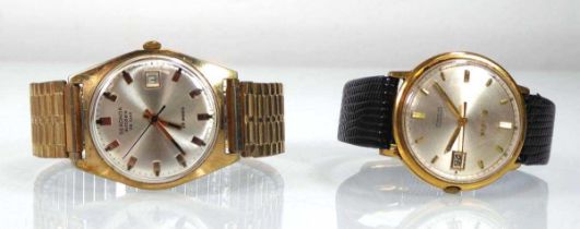 A gentleman's gold plated wristwatch by Bulova, the circular silvered dial with baton numerals and