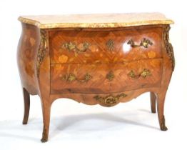 A 20th century French bombe commode, the marble surface over a walnut, marquetry and brass mounted