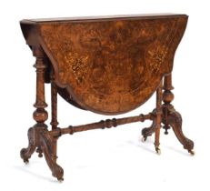 A 19th century French Sutherland table, the walnut, marquetry and strung surface on columns joined