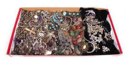 A group of silver and metalware jewellery including marcasite brooches, a quartz bead necklace,