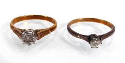 An 18ct yellow gold ring set small brilliant cut diamond in a six claw setting, stone approx. 0.2