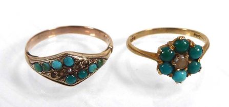 Two 9ct yellow gold and yellow metal rings, each set turquoise, overall 3.5 gms (2) Well worn