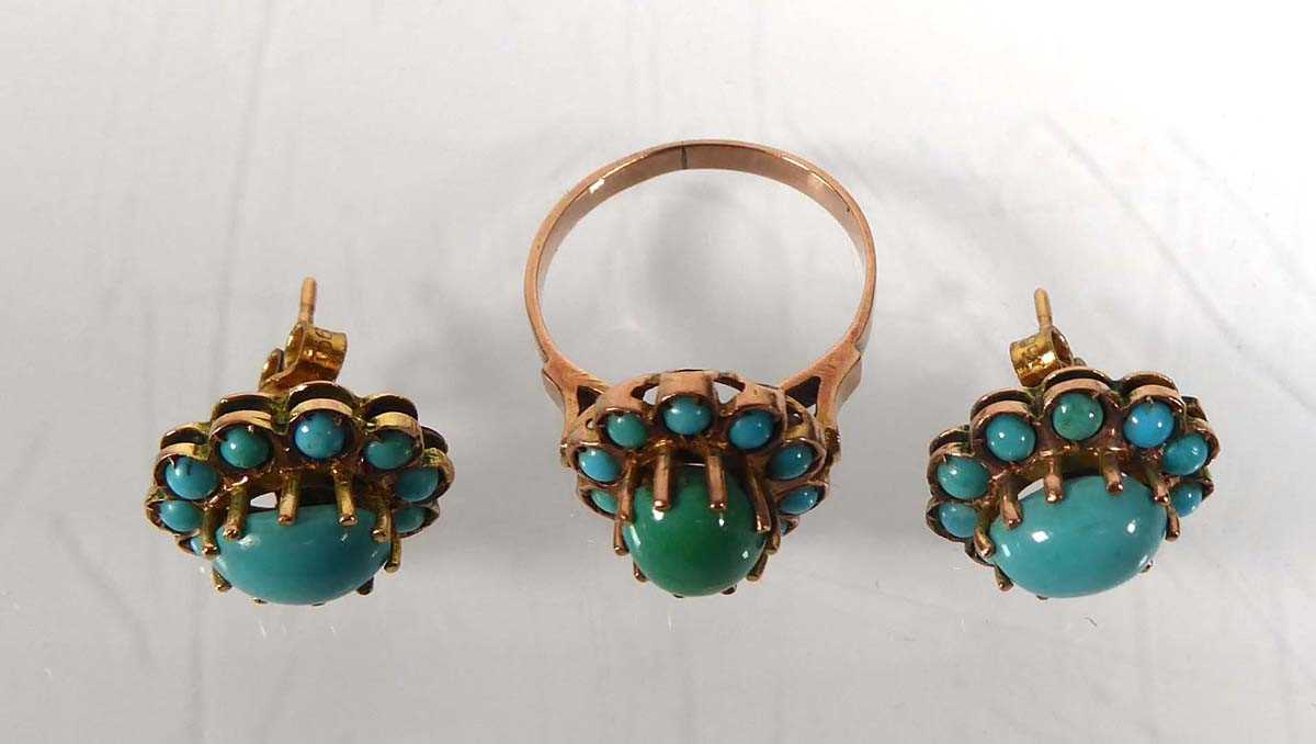 A yellow metal cluster ring set turquoise, ring size K, together with a pair of matching ear - Image 2 of 2