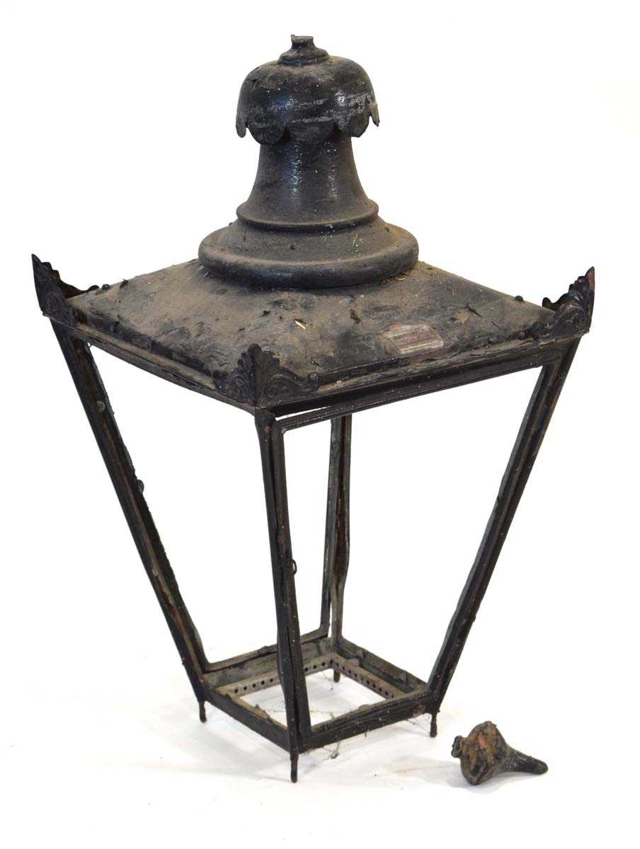 A late 19th century black tole lantern by W. Parkinson & Co, bearing the trade label, h. circa 90 cm