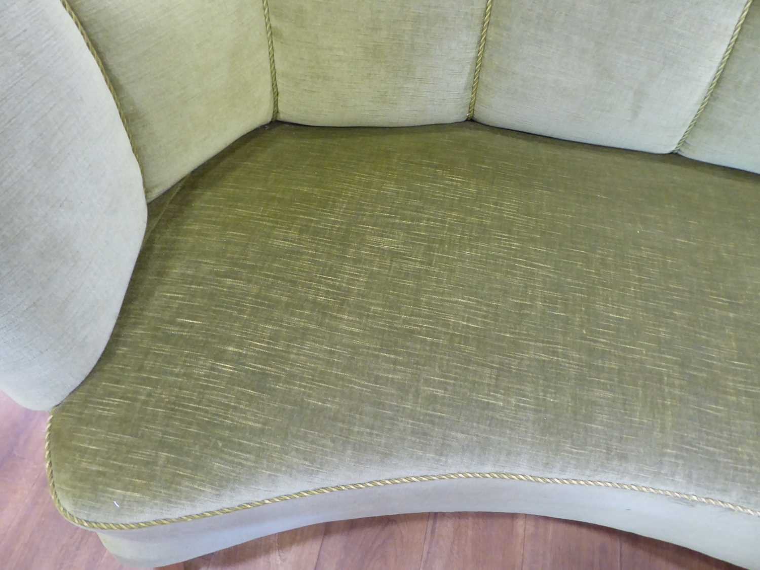 A 1950's Danish 'Banana' sofa upholstered in green on teak triangular feet *Sold subject to our Soft - Image 4 of 7