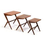 A nest of three 1950's Swedish 'Walking' occasional tables in walnut designed by Bengt Ruda, max. 54