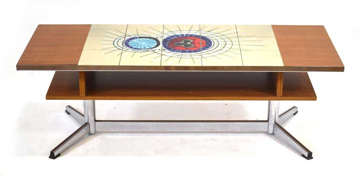 A 1970's teak and tile-topped coffee table, the rectangular surface over a second tier, 123 x 46 cm