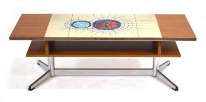 A 1970's teak and tile-topped coffee table, the rectangular surface over a second tier, 123 x 46 cm