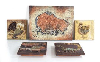 A 1960's Karlsruhe Majolika Company ceramic wall plaque relief modelled with a resting bull, 35 x 27