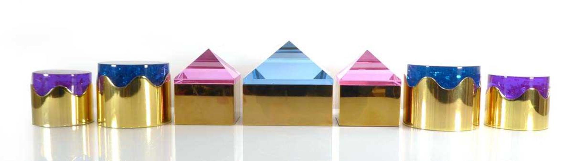 A group of seven Jonathan Adler brass finished trinket/storage boxes with coloured perspex lids (