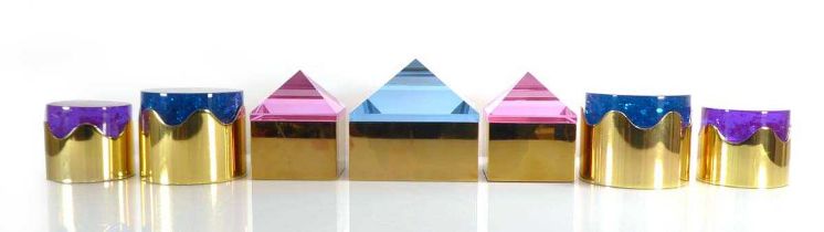 A group of seven Jonathan Adler brass finished trinket/storage boxes with coloured perspex lids (